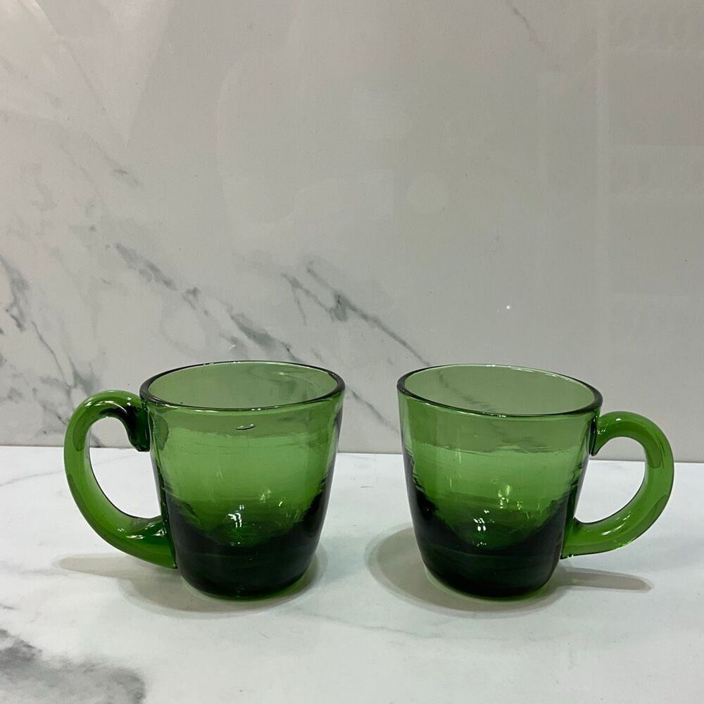 SET OF 2 Handblown Green Glass Espresso Mugs